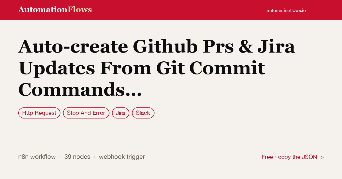 Auto-create Github Prs & Jira Updates From Git Commit Commands (multi-repo) — n8n workflow card showing HTTP Request, Stop And Error, Jira integration