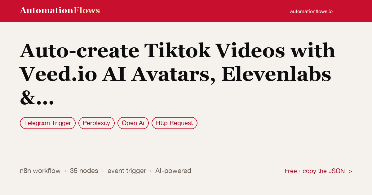 Auto-create TikTok Videos with Veed.io AI Avatars — n8n workflow card showing Telegram Trigger, Perplexity, OpenAI integration