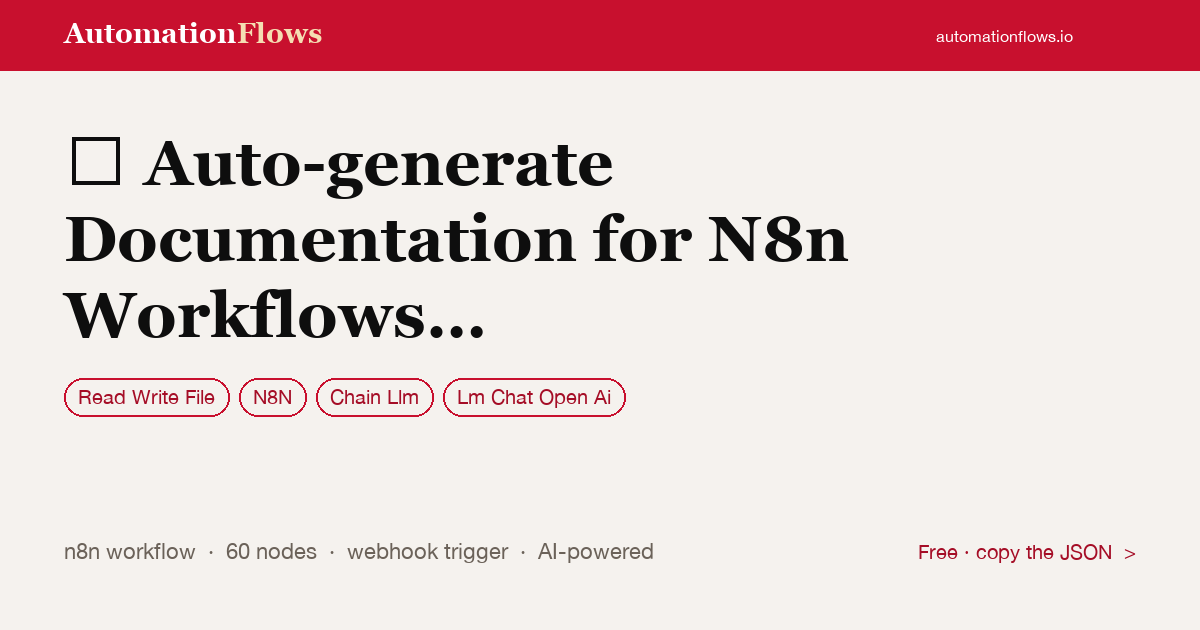 Auto-generate Documentation for N8n Workflows with Gpt and Docsify — n8n workflow card showing Read Write File, n8n, Chain Llm integration