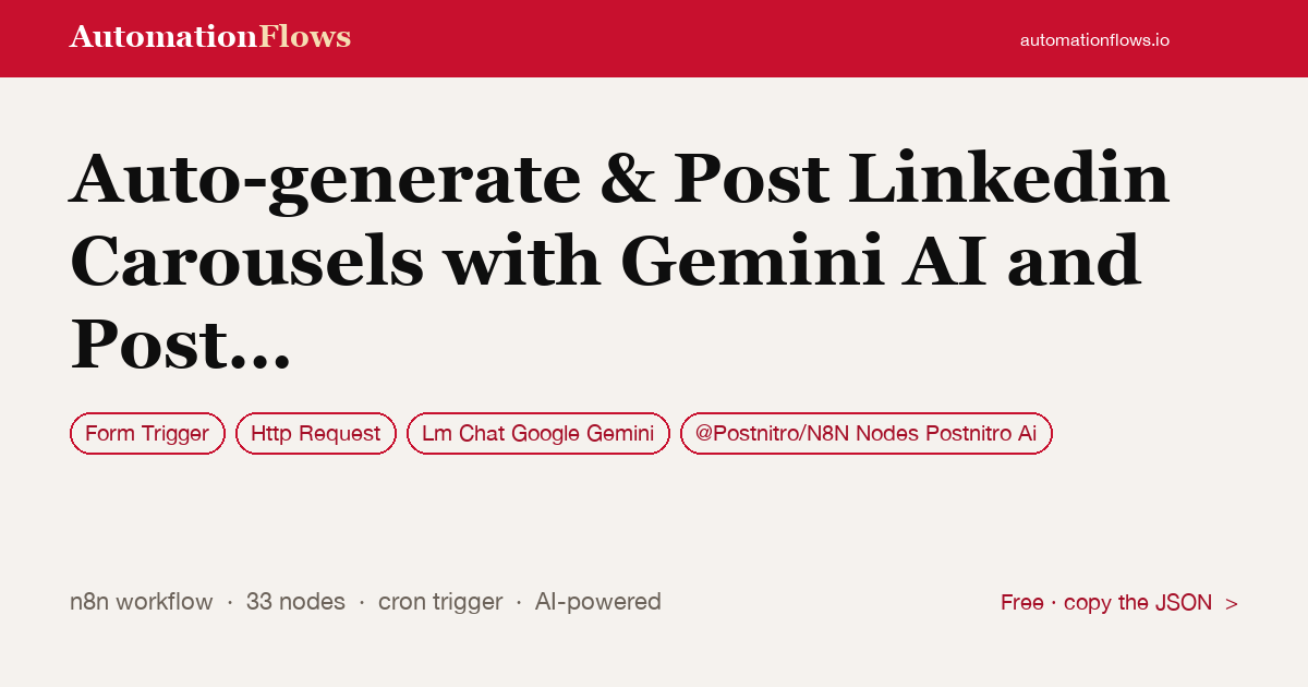 Auto-generate & Post Linkedin Carousels with Gemini AI and Post Nitro — n8n workflow card showing Form Trigger, HTTP Request, Google Gemini Chat integration