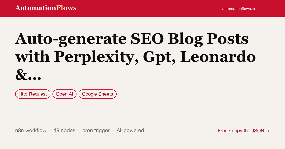 Auto-Generate SEO Blog Posts with Perplexity, GPT & WordPress — n8n workflow card showing HTTP Request, OpenAI, Google Sheets integration