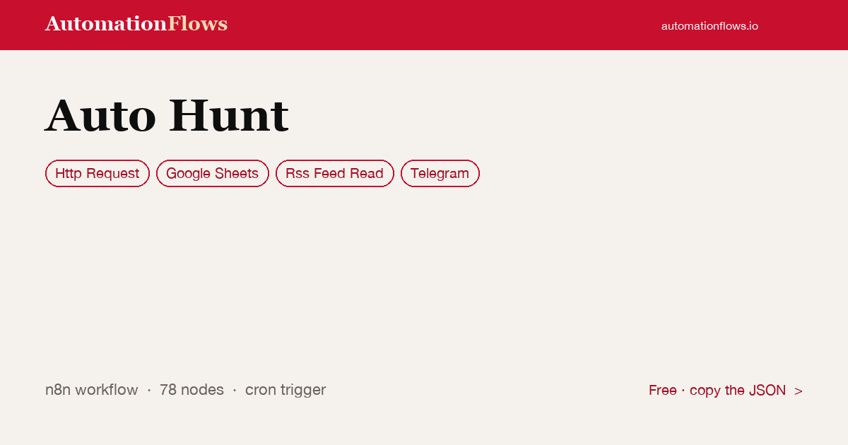 Auto Hunt — n8n workflow card showing HTTP Request, Google Sheets, RSS Feed Read integration