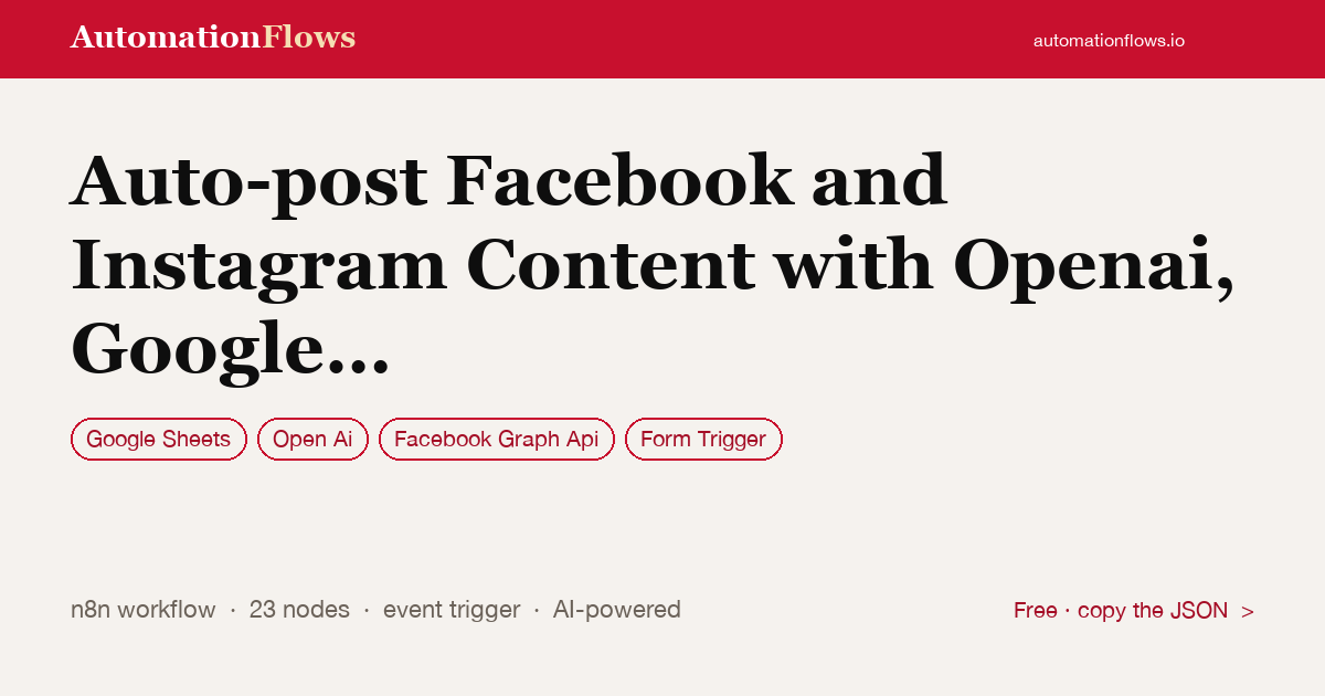 Auto-post Facebook and Instagram Content with Openai, Google Sheets and Review — n8n workflow card showing Google Sheets, OpenAI, Facebook Graph Api integration
