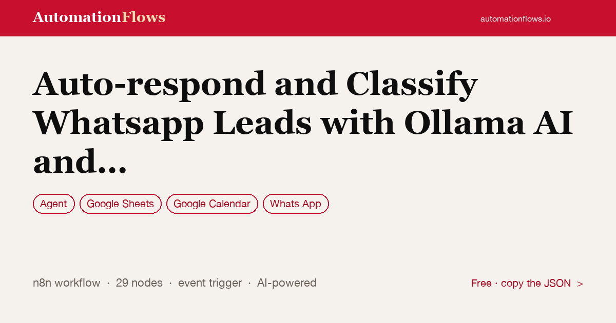 Auto-respond and Classify WhatsApp Leads with AI — n8n workflow card showing Agent, Google Sheets, Google Calendar integration