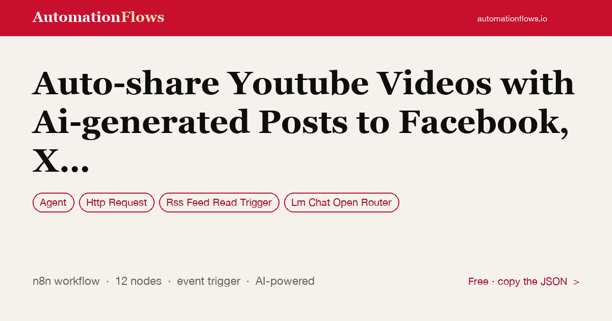 Auto-share Youtube Videos with Ai-generated Posts to Facebook, X & Discord — n8n workflow card showing Agent, HTTP Request, Rss Feed Read Trigger integration