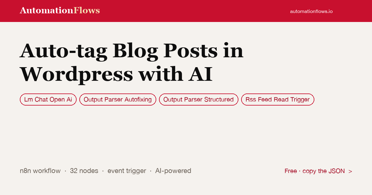 AI Auto-Tag WordPress Blog Posts from RSS — n8n workflow card showing OpenAI Chat, Output Parser Autofixing, Output Parser Structured integration