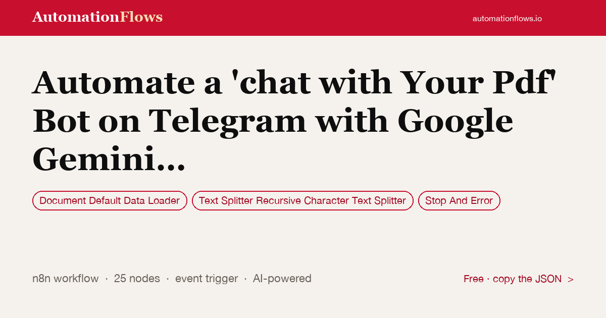 Automate a 'chat with Your Pdf' Bot on Telegram with Google Gemini & Pinecone — n8n workflow card showing Document Default Data Loader, Text Splitter Recursive Character Text Splitter, Stop And Error integration