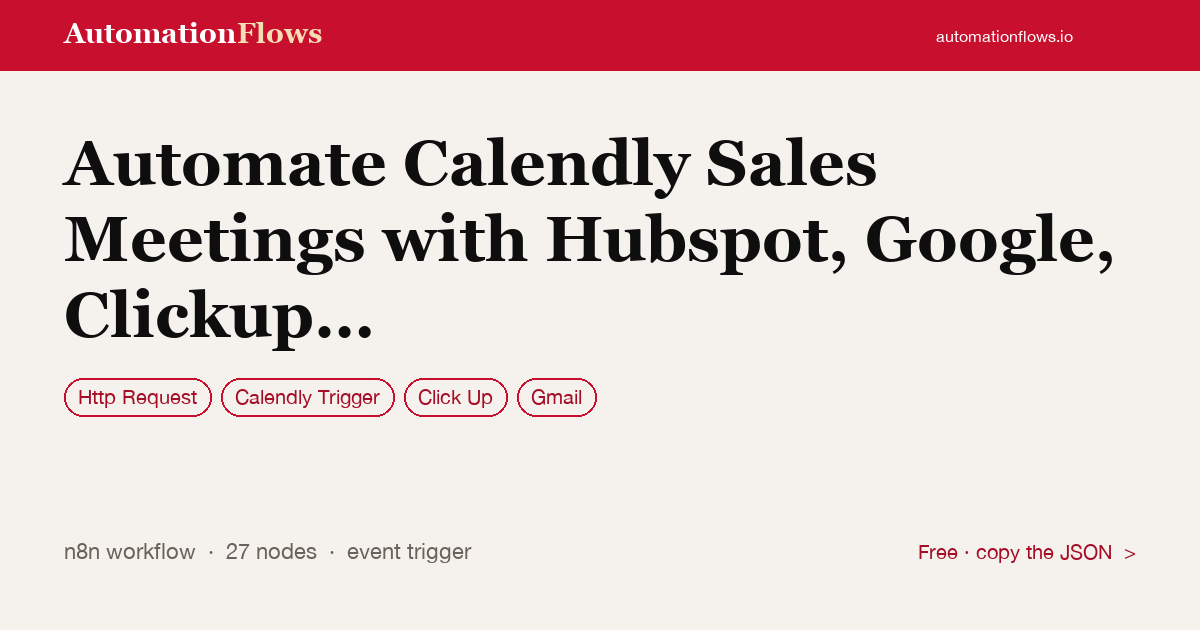 Automate Calendly Sales Meetings with Hubspot, Google, Clickup and Slack — n8n workflow card showing HTTP Request, Calendly Trigger, ClickUp integration