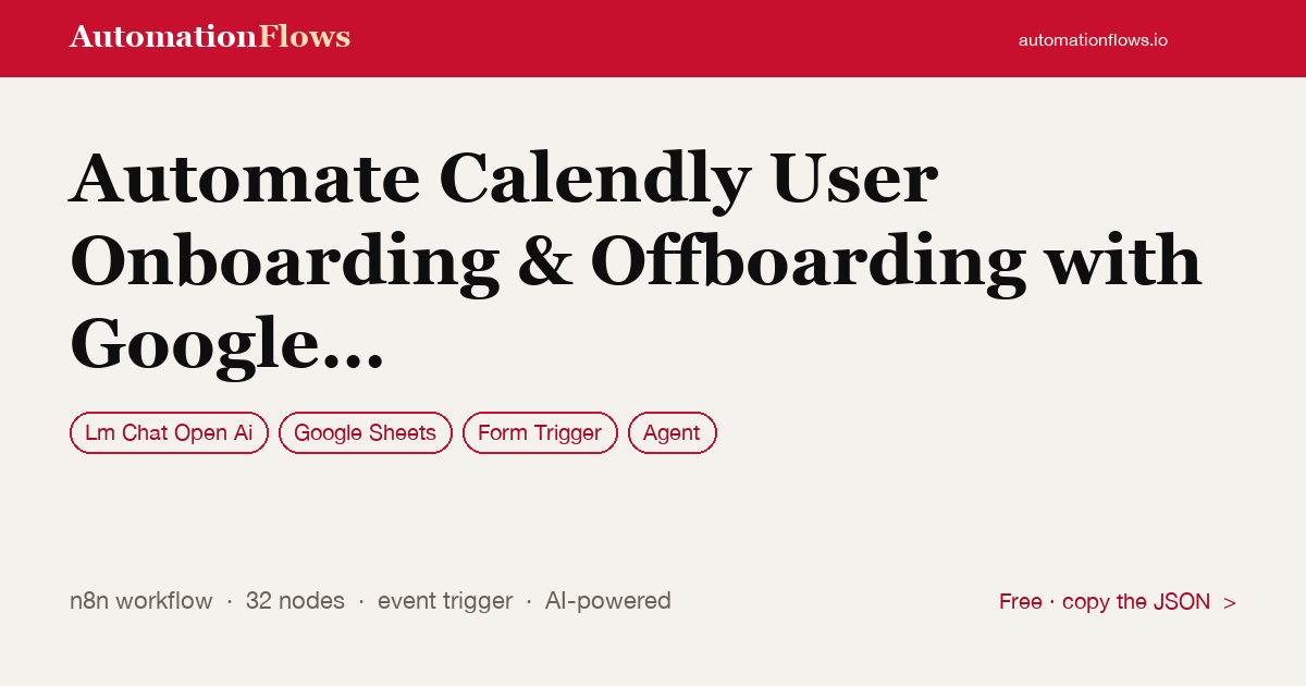 Automate Calendly User Onboarding & Offboarding with Google Sheets and Human… — n8n workflow card showing OpenAI Chat, Google Sheets, Form Trigger integration