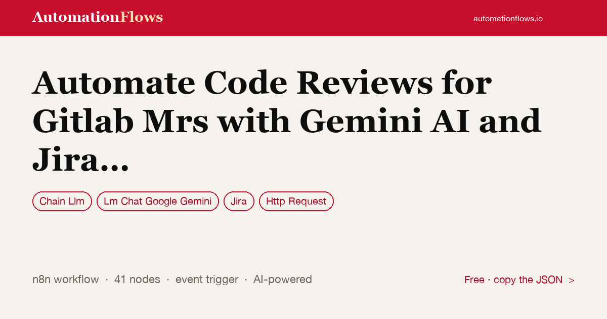 Automate Code Reviews for Gitlab Mrs with Gemini AI and Jira Context — n8n workflow card showing Chain Llm, Google Gemini Chat, Jira integration