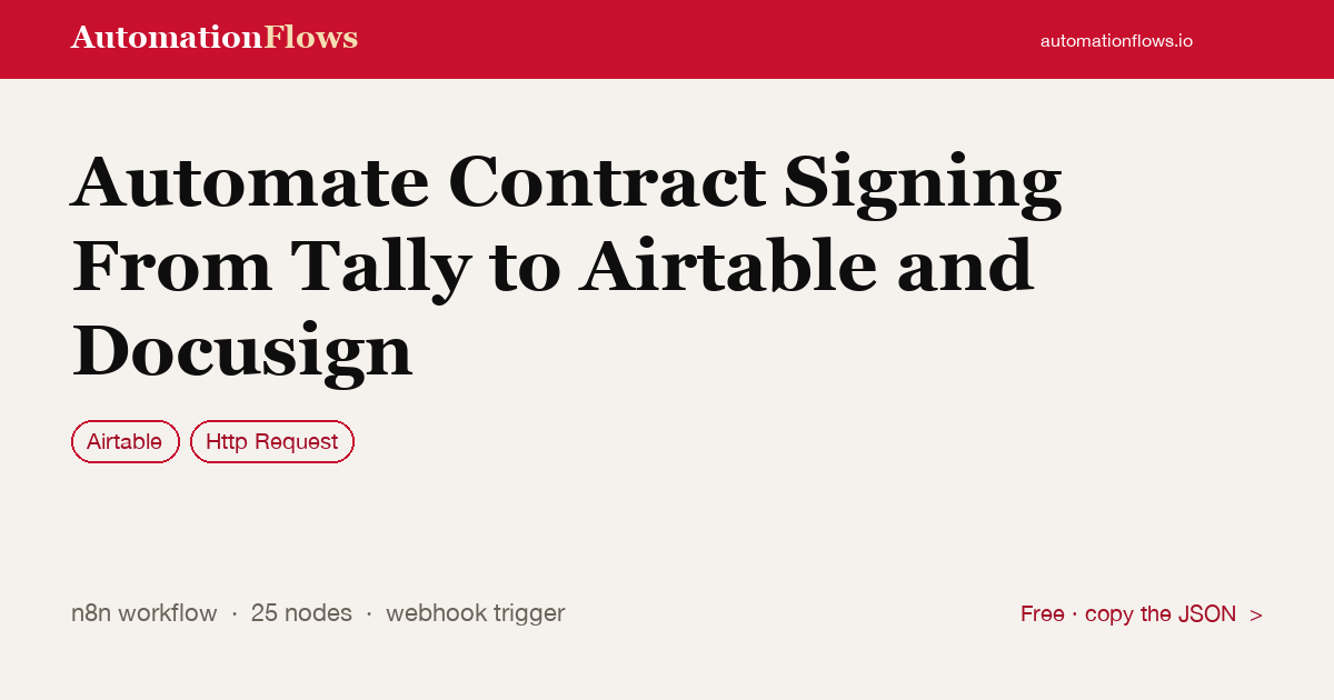 Automate Contract Signing From Tally to Airtable and Docusign — n8n workflow card showing Airtable, HTTP Request integration