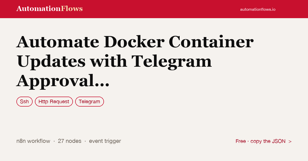 Automate Docker Container Updates with Telegram Approval System — n8n workflow card showing Ssh, HTTP Request, Telegram integration