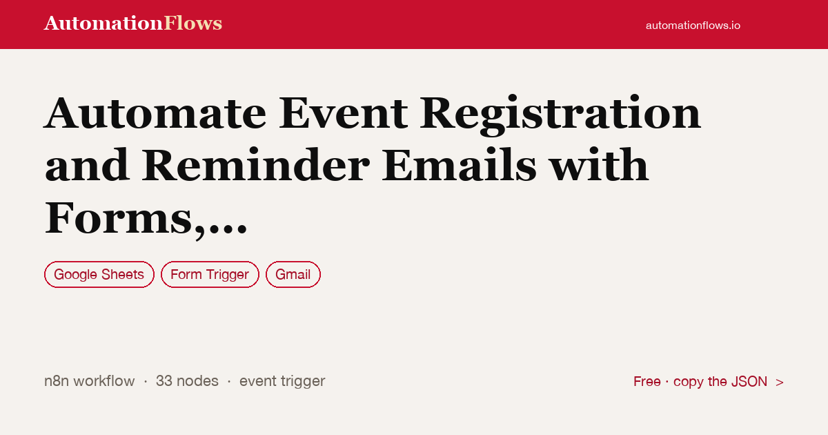 Automate Event Registration and Reminder Emails with Forms, Sheets & Gmail — n8n workflow card showing Google Sheets, Form Trigger, Gmail integration