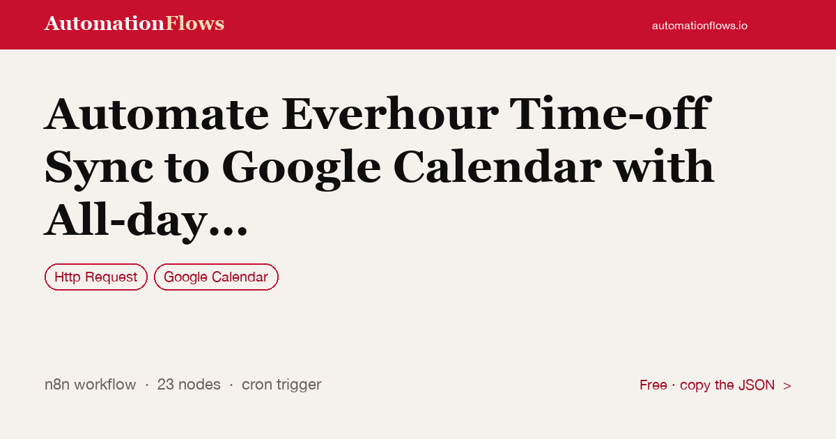 Automate Everhour Time-off Sync to Google Calendar with All-day Events — n8n workflow card showing HTTP Request, Google Calendar integration