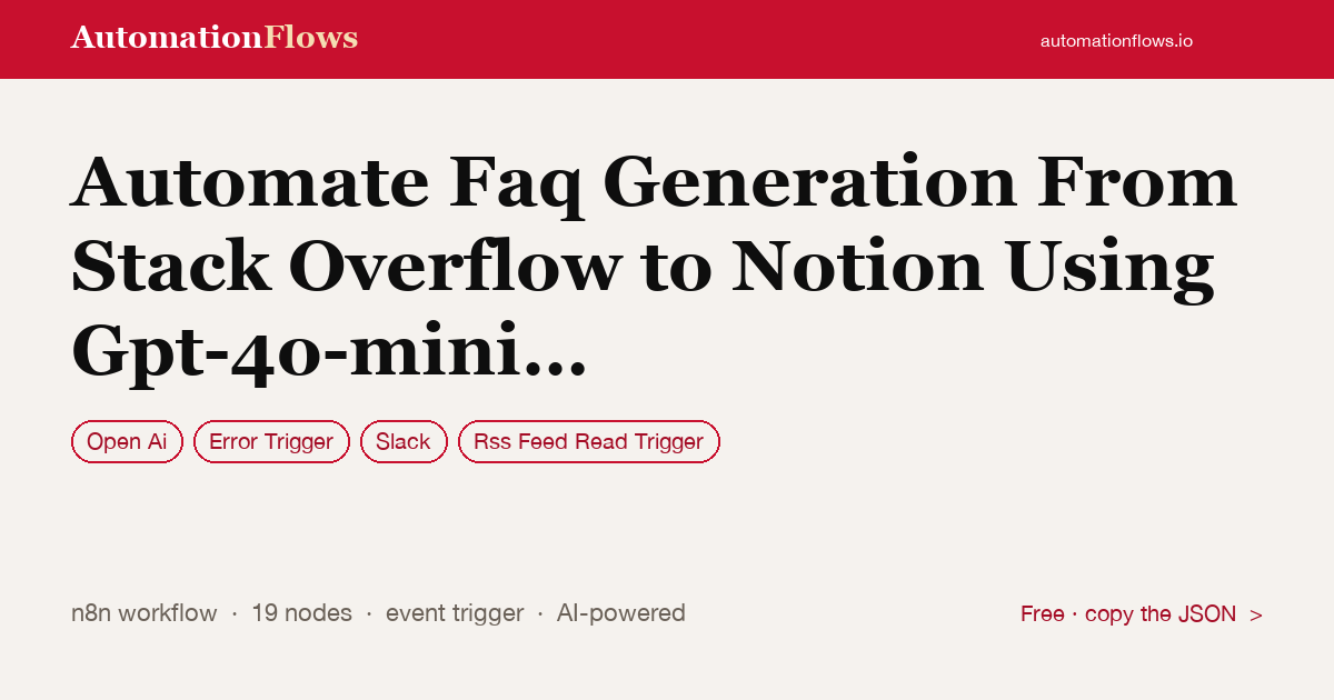 Automate Faq Generation From Stack Overflow to Notion Using Gpt-4o-mini with… — n8n workflow card showing OpenAI, Error Trigger, Slack integration