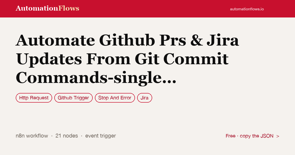 Automate Github Prs & Jira Updates From Git Commit Commands-single Repo — n8n workflow card showing HTTP Request, Github Trigger, Stop And Error integration