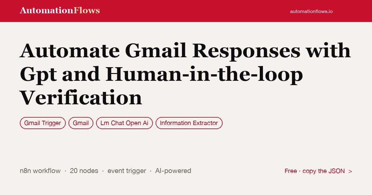Automate Gmail Responses with Gpt and Human-in-the-loop Verification — n8n workflow card showing Gmail Trigger, Gmail, OpenAI Chat integration
