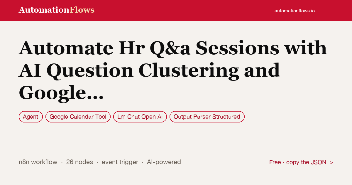 Automate Hr Q&a Sessions with AI Question Clustering and Google Calendar… — n8n workflow card showing Agent, Google Calendar Tool, OpenAI Chat integration