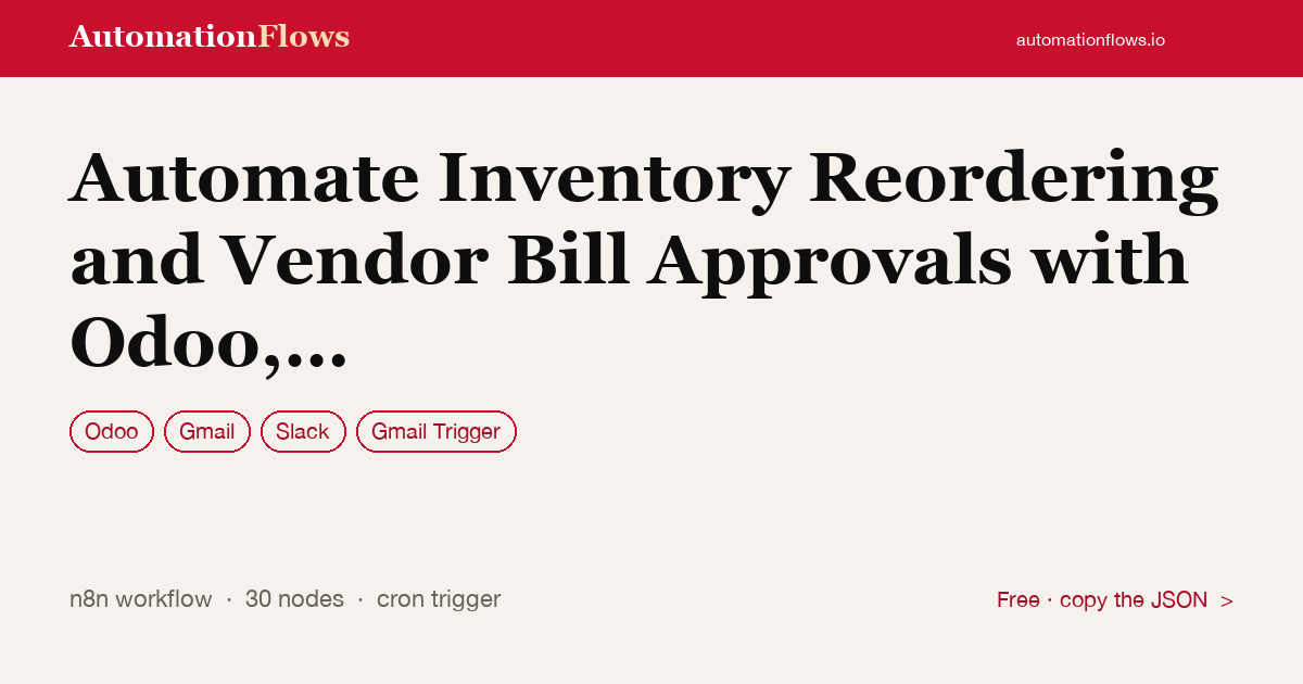 Automate Inventory Reordering and Vendor Bill Approvals with Odoo, Gmail,… — n8n workflow card showing Odoo, Gmail, Slack integration