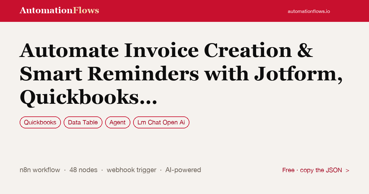 Automate Invoice Creation & Smart Reminders with Jotform, Quickbooks &… — n8n workflow card showing QuickBooks, Data Table, Agent integration