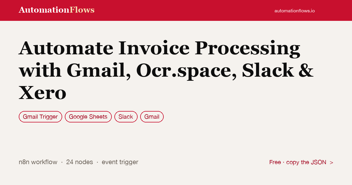 Automate Invoice Processing with Gmail, Ocr.space, Slack & Xero — n8n workflow card showing Gmail Trigger, Google Sheets, Slack integration
