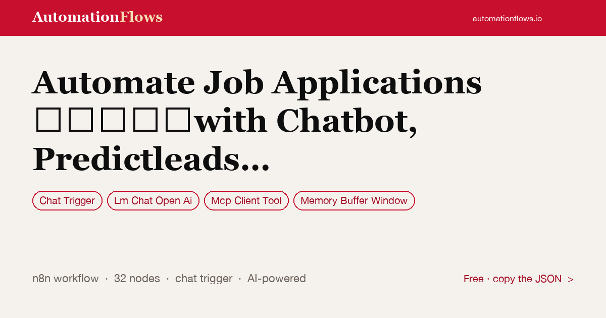 Automate Job Applications with Chatbot, Predictleads and Scrapegraphai — n8n workflow card showing Chat Trigger, OpenAI Chat, Mcp Client Tool integration