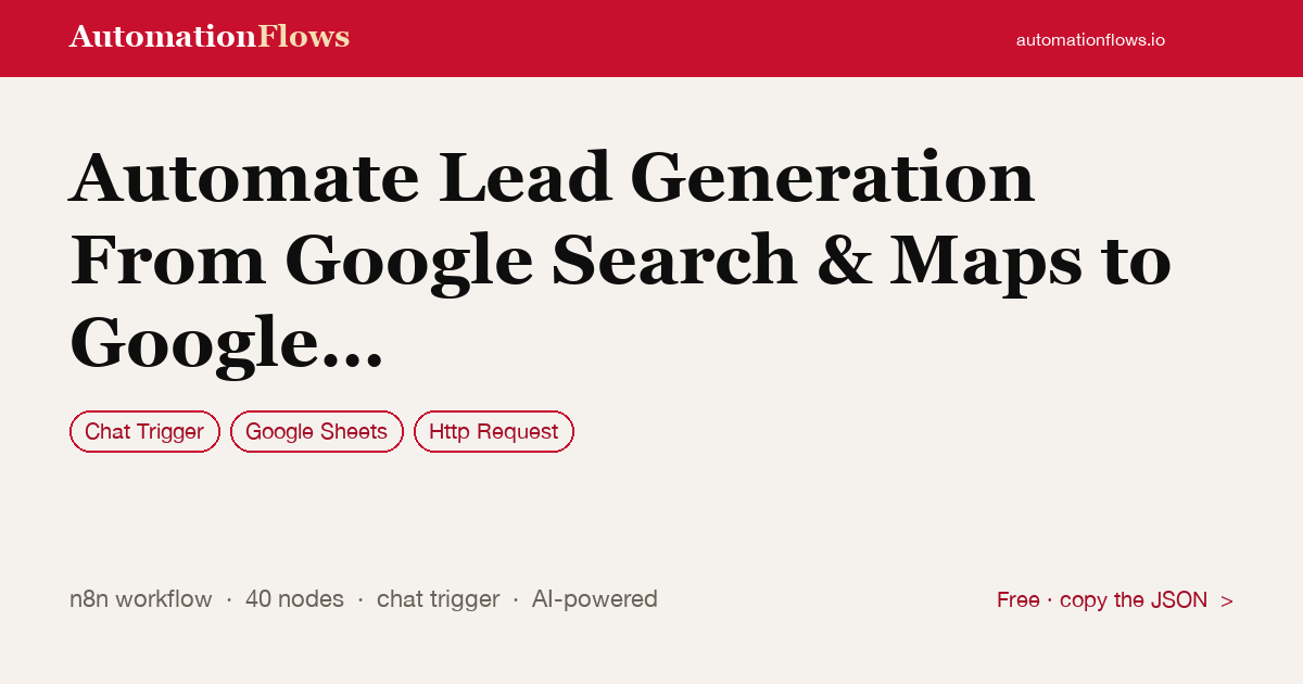 Automate Lead Generation From Google Search & Maps to Google Sheets — n8n workflow card showing Chat Trigger, Google Sheets, HTTP Request integration