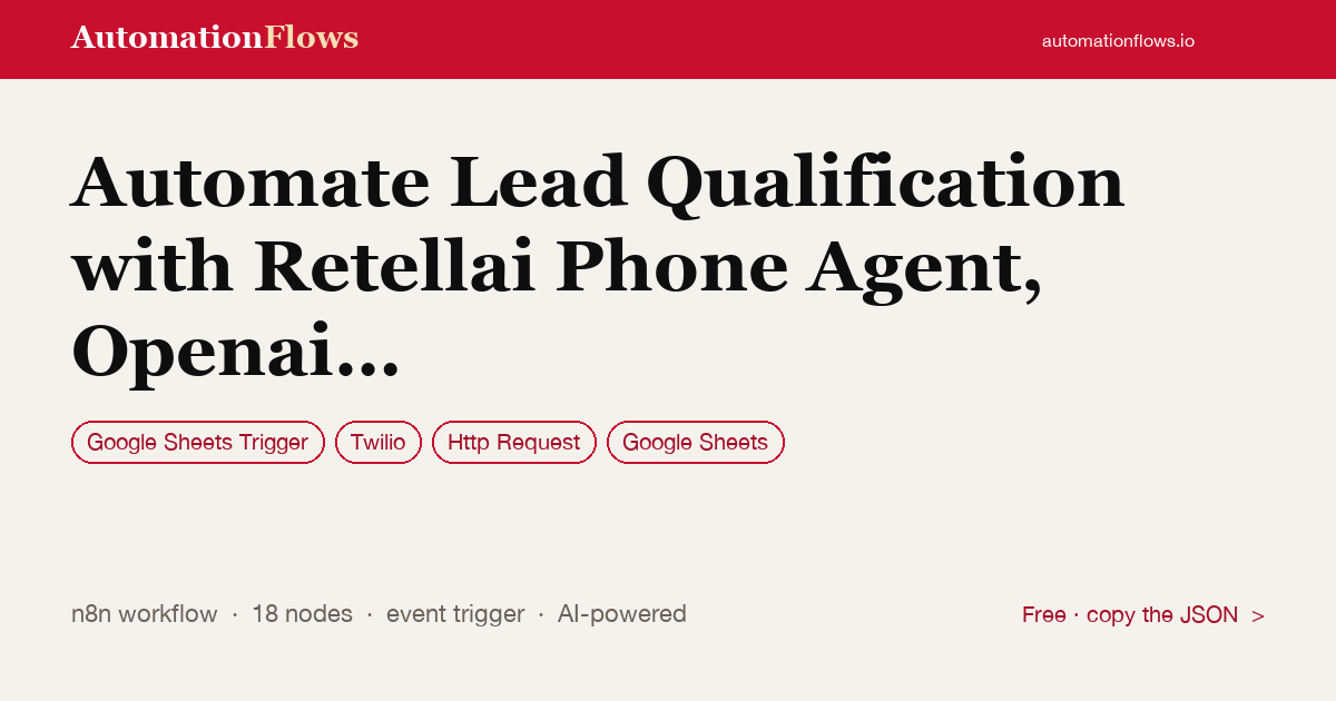 RetellAI Call + OpenAI Qualify Leads in Google Sheets — n8n workflow card showing Google Sheets Trigger, Twilio, HTTP Request integration