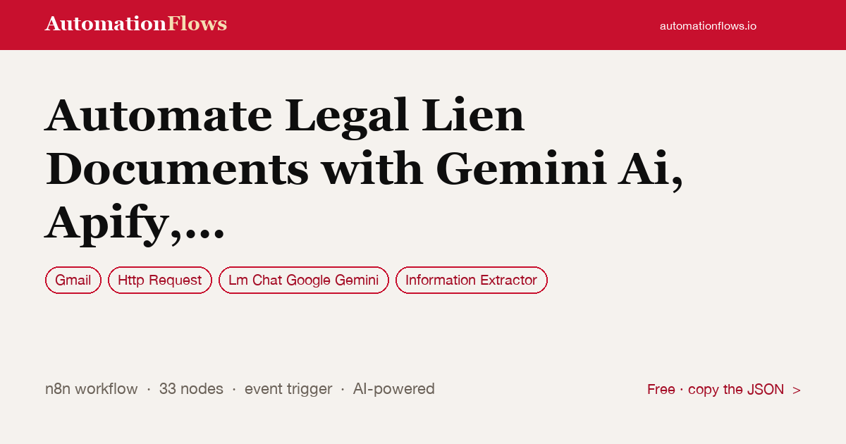 Automate Legal Lien Documents with Gemini Ai, Apify, and Google Workspace — n8n workflow card showing Gmail, HTTP Request, Google Gemini Chat integration