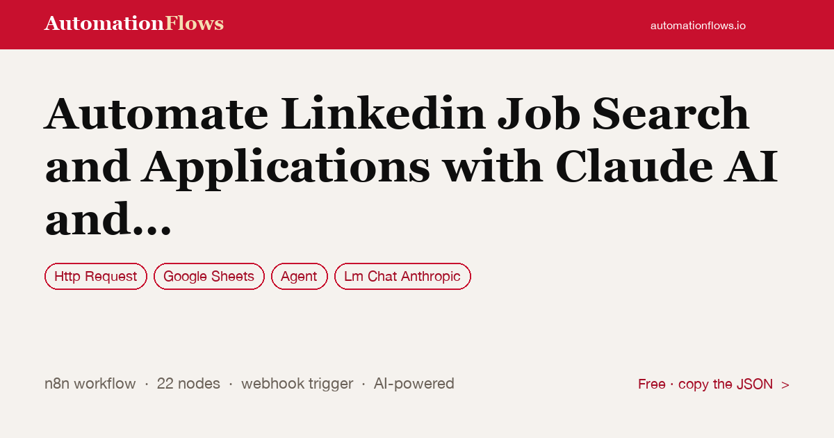 Claude AI LinkedIn Job Search & Applications — n8n workflow card showing HTTP Request, Google Sheets, Agent integration