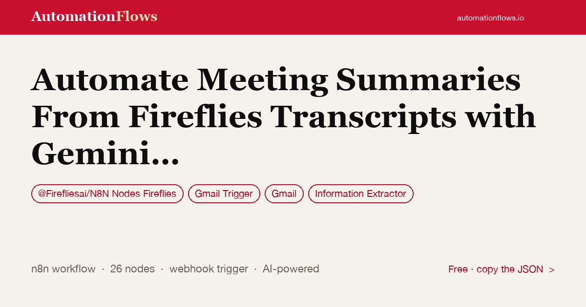 Automate Meeting Summaries From Fireflies Transcripts with Gemini & Gmail — n8n workflow card showing @Firefliesai/N8N Nodes Fireflies, Gmail Trigger, Gmail integration