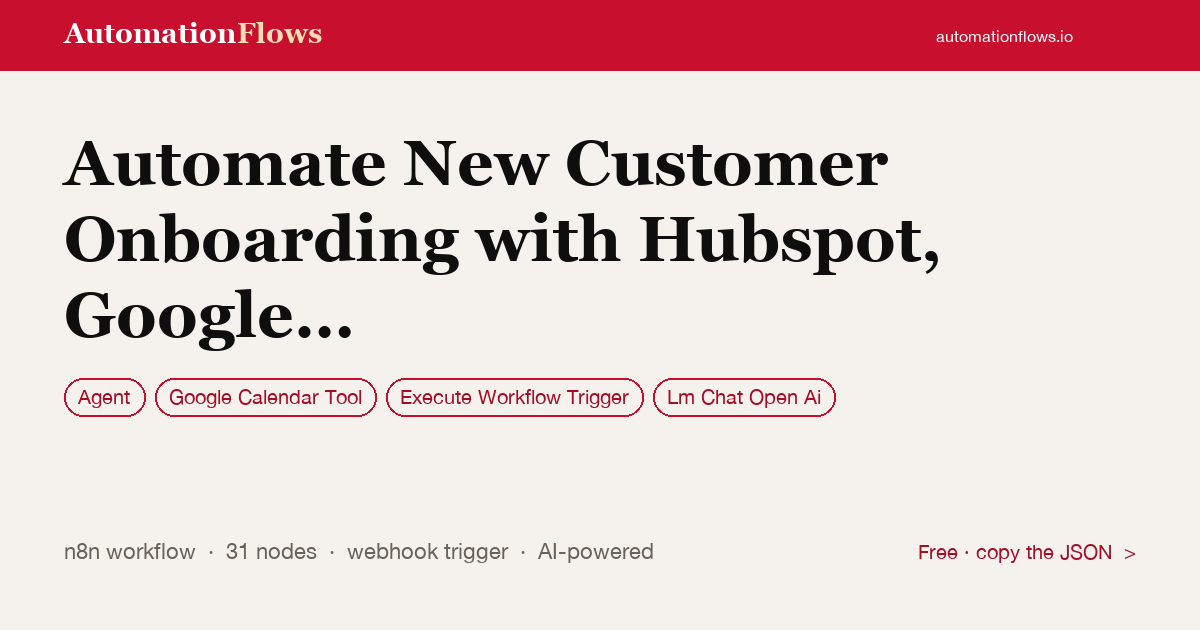 HubSpot New Customer Onboarding Automation — n8n workflow card showing Agent, Google Calendar Tool, Execute Workflow Trigger integration
