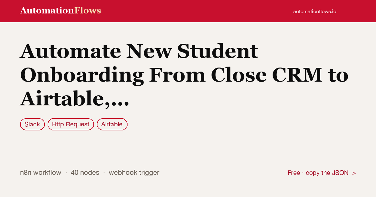 Automate New Student Onboarding From Close CRM to Airtable, Mighty Networks,… — n8n workflow card showing Slack, HTTP Request, Airtable integration