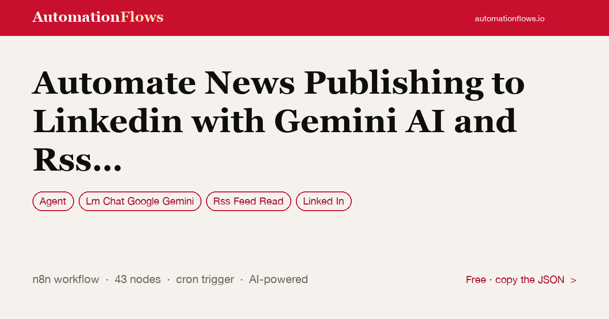 Automate News Publishing to Linkedin with Gemini AI and RSS Feeds — n8n workflow card showing Agent, Google Gemini Chat, RSS Feed Read integration