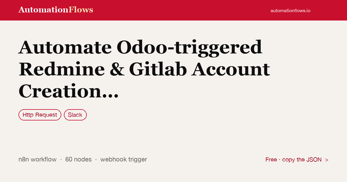 Automate Odoo-triggered Redmine & Gitlab Account Creation with Slack… — n8n workflow card showing HTTP Request, Slack integration