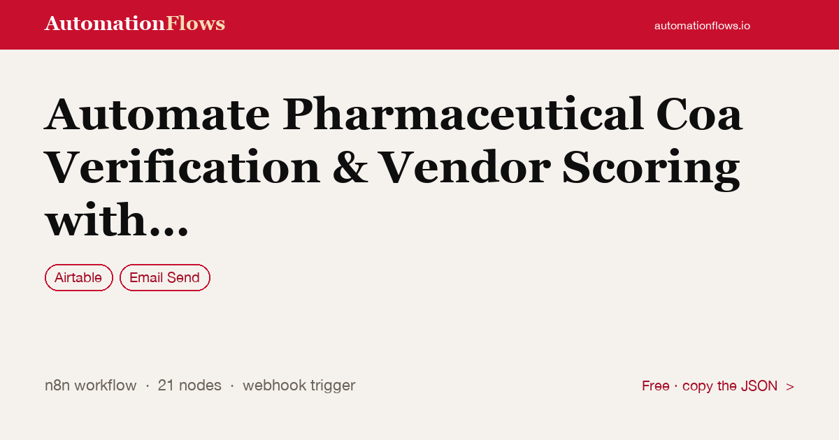 Automate Pharmaceutical Coa Verification & Vendor Scoring with AI Document… — n8n workflow card showing Airtable, Email Send integration