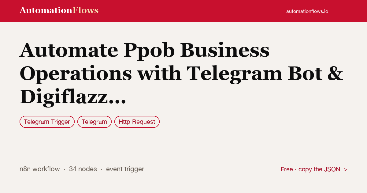 Automate Ppob Business Operations with Telegram Bot & Digiflazz API — n8n workflow card showing Telegram Trigger, Telegram, HTTP Request integration