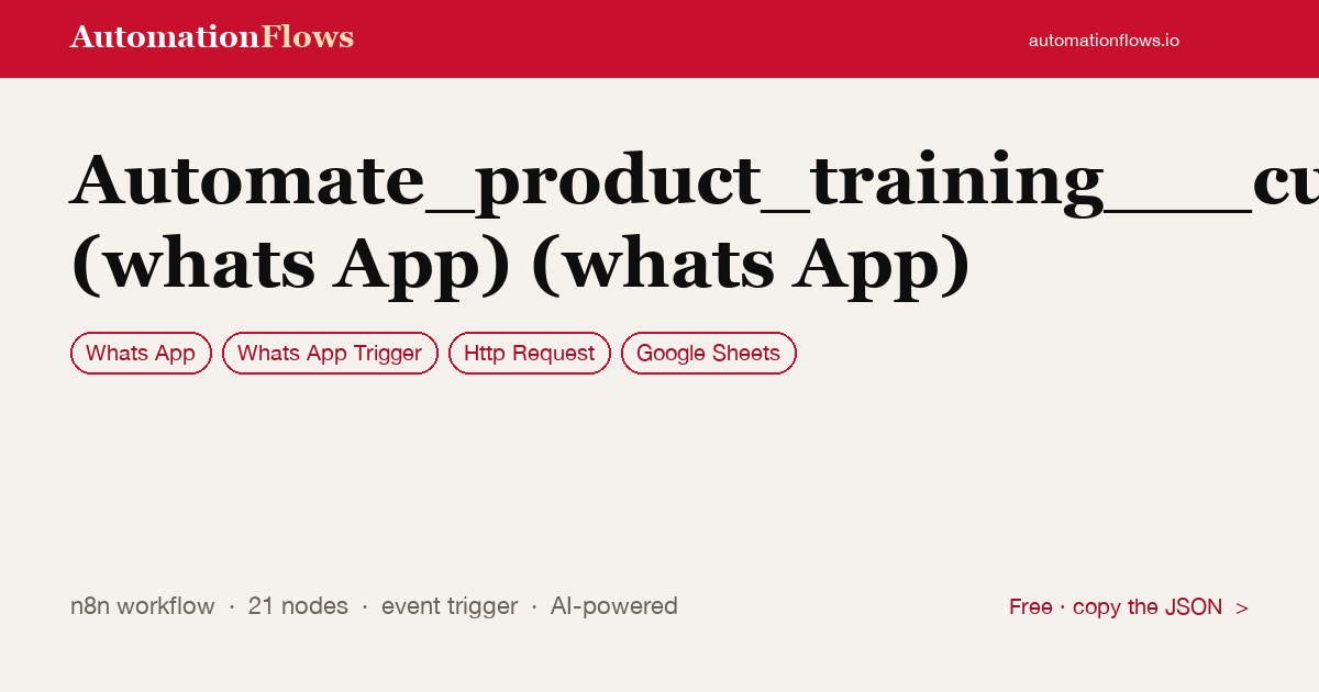Automate_product_training___customer_support_via_whatsapp__gpt_4___google_she… — n8n workflow card showing WhatsApp, WhatsApp Trigger, HTTP Request integration