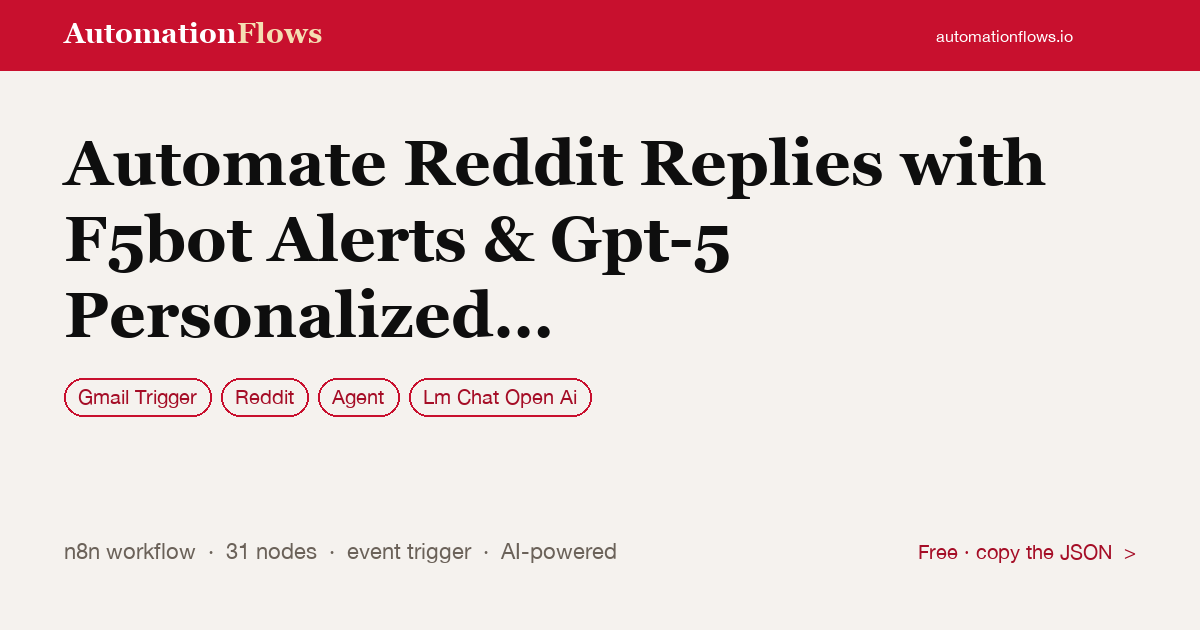 Automate Reddit Replies with F5bot Alerts & Gpt-5 Personalized Comments — n8n workflow card showing Gmail Trigger, Reddit, Agent integration