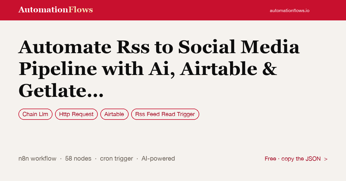 Automate RSS to Social Media Pipeline with Ai, Airtable & Getlate for… — n8n workflow card showing Chain Llm, HTTP Request, Airtable integration