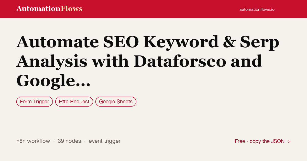 Automate SEO Keyword & Serp Analysis with Dataforseo and Google Sheets — n8n workflow card showing Form Trigger, HTTP Request, Google Sheets integration