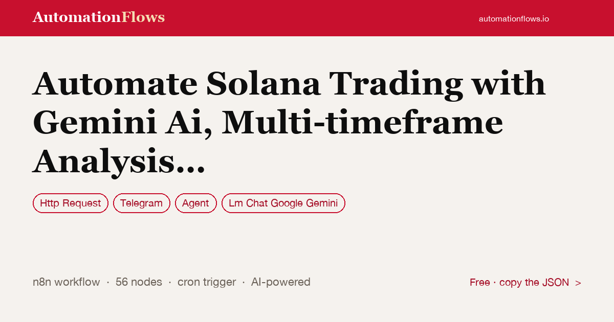 Automate Solana Trading with Gemini Ai, Multi-timeframe Analysis & Afk Crypto — n8n workflow card showing HTTP Request, Telegram, Agent integration