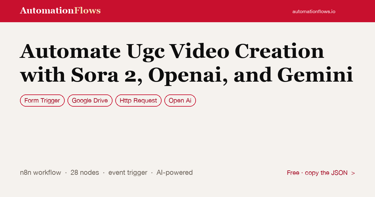 Automate Ugc Video Creation with Sora 2, Openai, and Gemini — n8n workflow card showing Form Trigger, Google Drive, HTTP Request integration