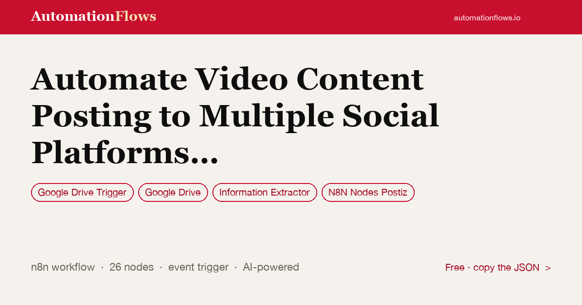 Automate Video Content Posting to Multiple Social Platforms with Postiz — n8n workflow card showing Google Drive Trigger, Google Drive, Information Extractor integration