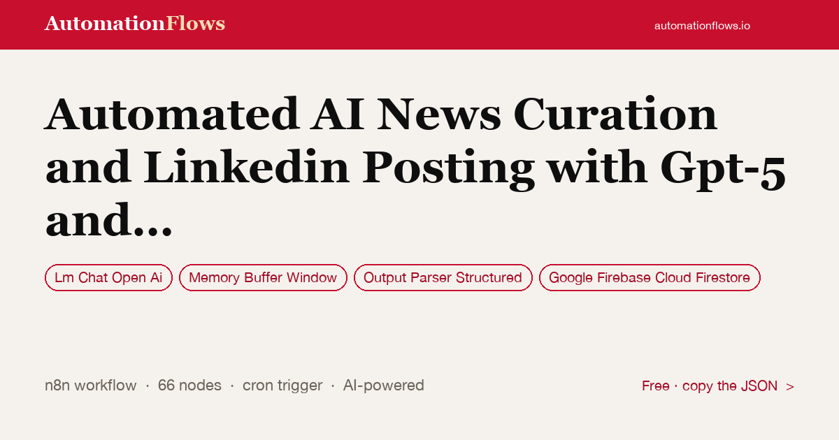 Automated AI News Curation and Linkedin Posting with Gpt-5 and Firebase — n8n workflow card showing OpenAI Chat, Memory Buffer Window, Output Parser Structured integration
