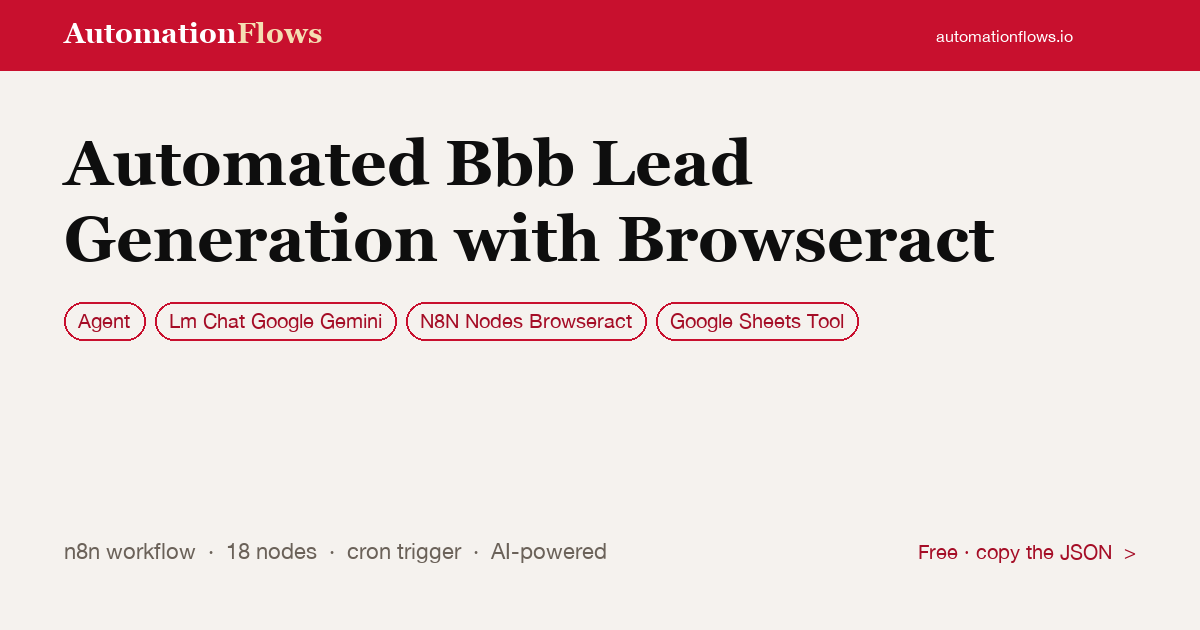 Automated Bbb Lead Generation with Browseract — n8n workflow card showing Agent, Google Gemini Chat, N8N Nodes Browseract integration