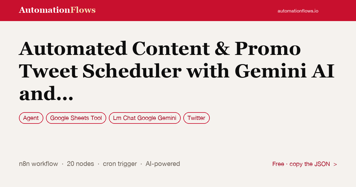 Automated Content & Promo Tweet Scheduler with Gemini AI and Google Sheets — n8n workflow card showing Agent, Google Sheets Tool, Google Gemini Chat integration