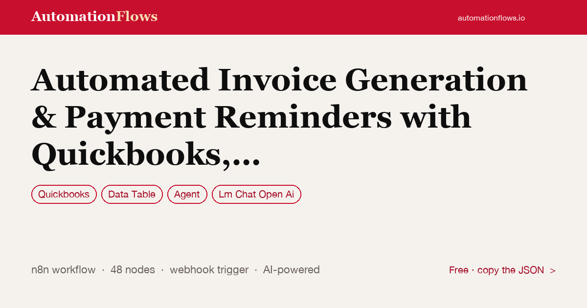Automated Invoice Generation & Payment Reminders with Quickbooks, Jotform &… — n8n workflow card showing QuickBooks, Data Table, Agent integration