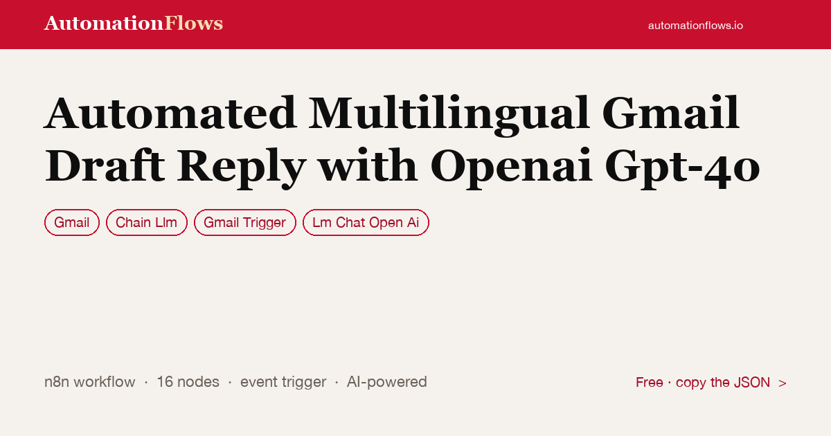 Automated Multilingual Gmail Draft Reply with Openai Gpt-4o — n8n workflow card showing Gmail, Chain Llm, Gmail Trigger integration