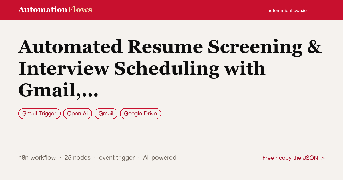 Automated Resume Screening & Interview Scheduling with Gmail, Gpt & Airtable — n8n workflow card showing Gmail Trigger, OpenAI, Gmail integration